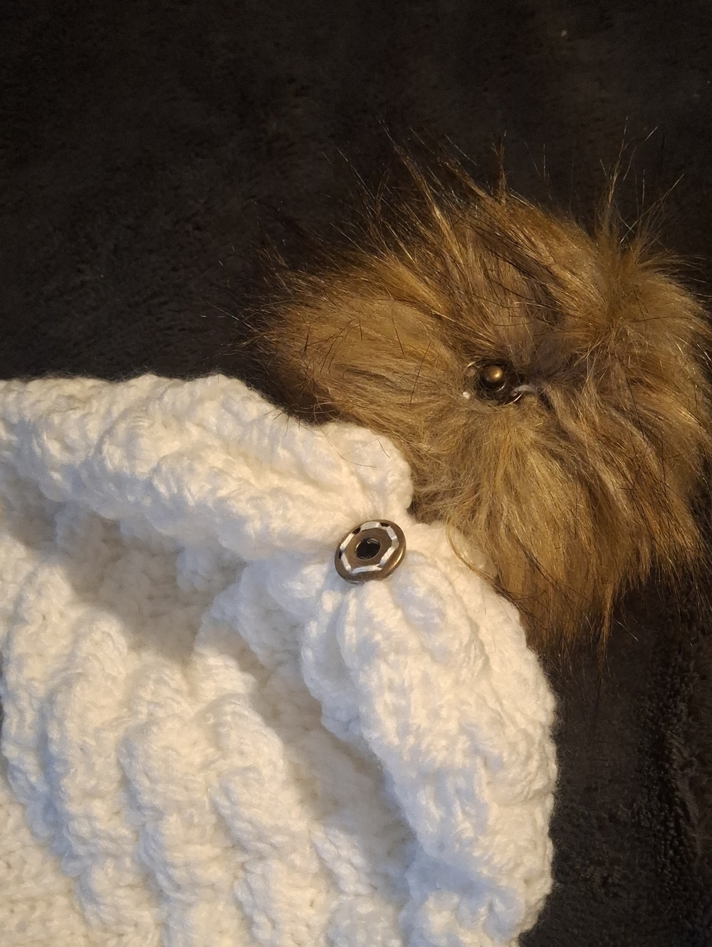 Hand-knit White Checkerboard Knit Winter Hat With Large Faux Fur Pompom - Picture 6 of 6